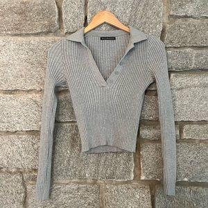 Brandy Melville preppy collared grey ribbed knit sweater